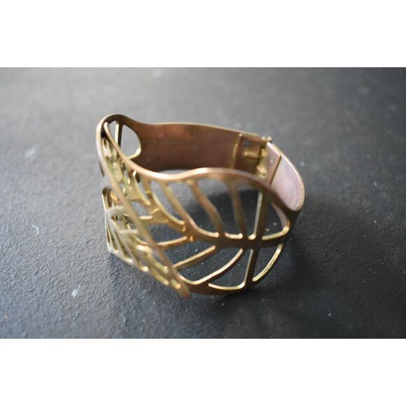 Vintage Brass Leaf Bracelet | Expandable Artisan Statement (7" expandable) - Picture 2 of 10
